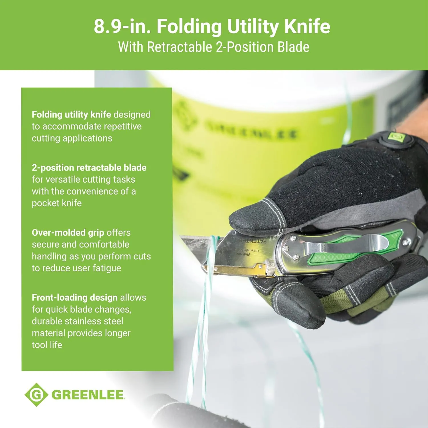 Greenlee 0652-22 8.9" Folding Utility Knife with Retractable 3-Position Serrated Blade, Silver/Green