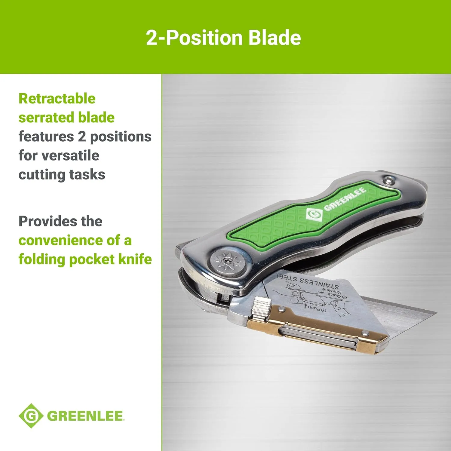 Greenlee 0652-22 8.9" Folding Utility Knife with Retractable 3-Position Serrated Blade, Silver/Green