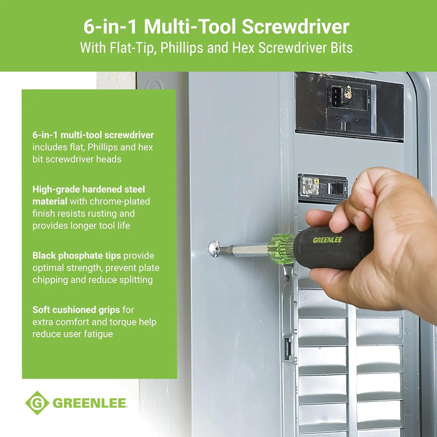 Greenlee 0153-42C 6-in-1 Multi-Tool Screwdriver with Flat-Tip, Phillips, and Hex Bits