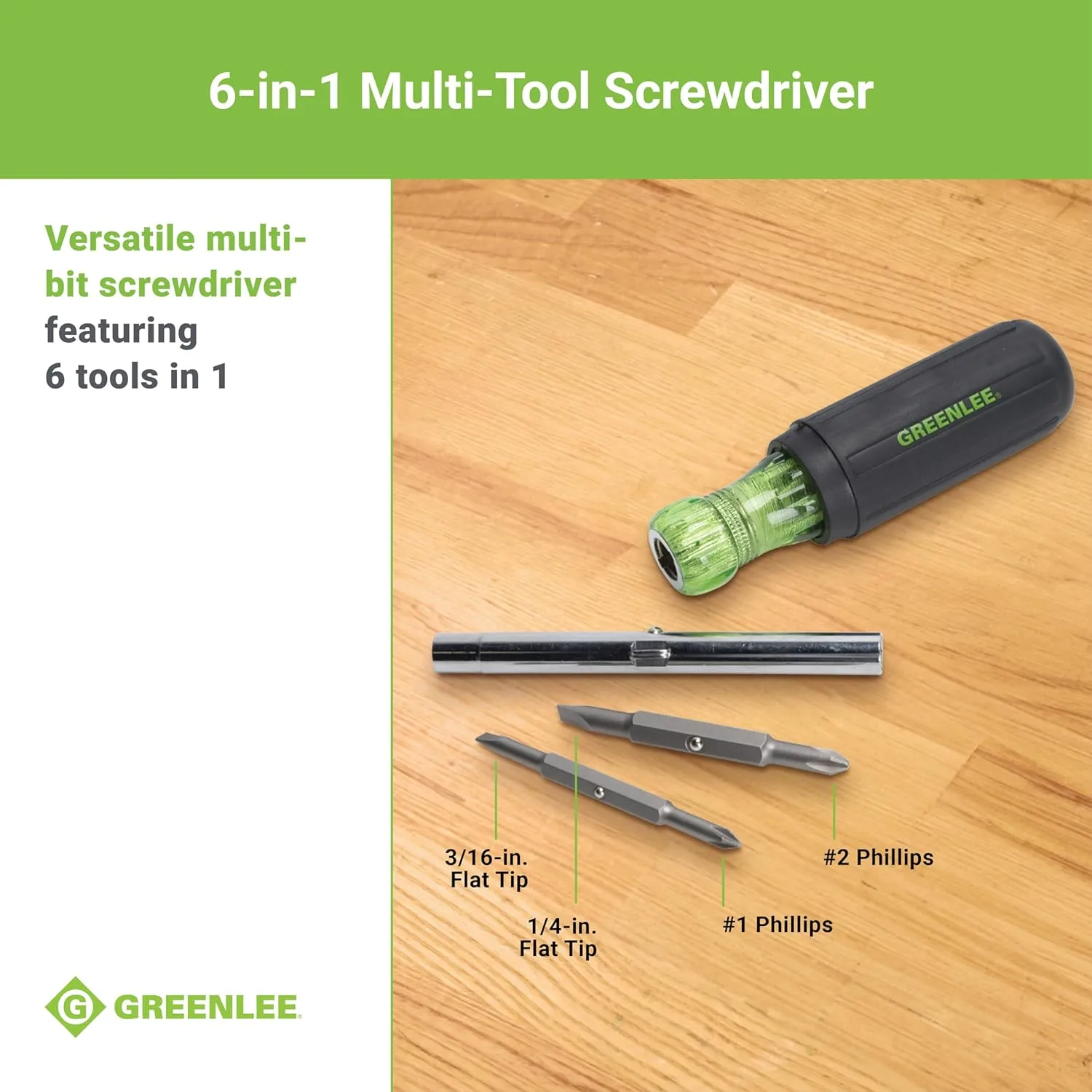 Greenlee 0153-42C 6-in-1 Multi-Tool Screwdriver with Flat-Tip, Phillips, and Hex Bits