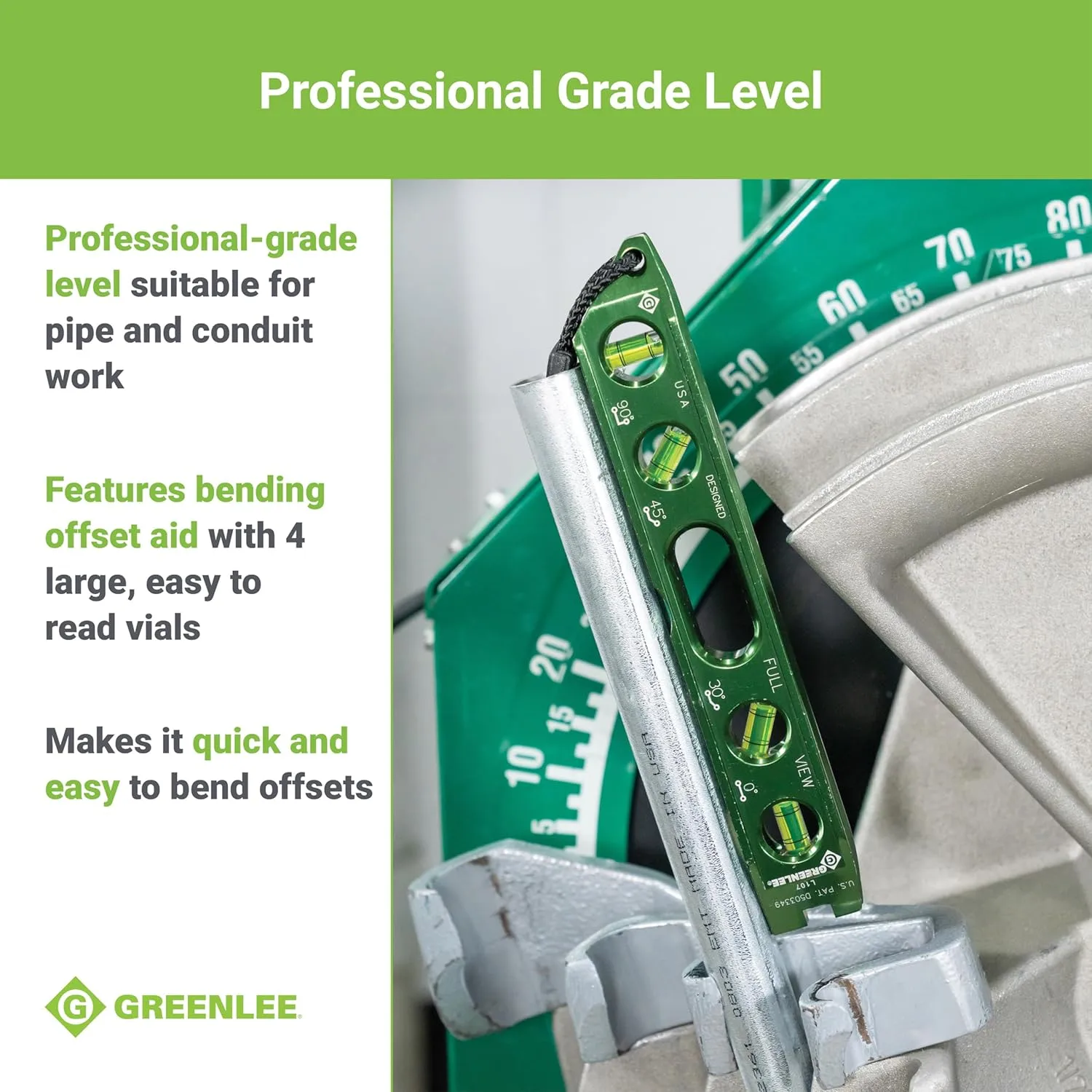 Greenlee L107 Electrician's Magnetic Torpedo Level with Conduit Bending Offset Aid, Green