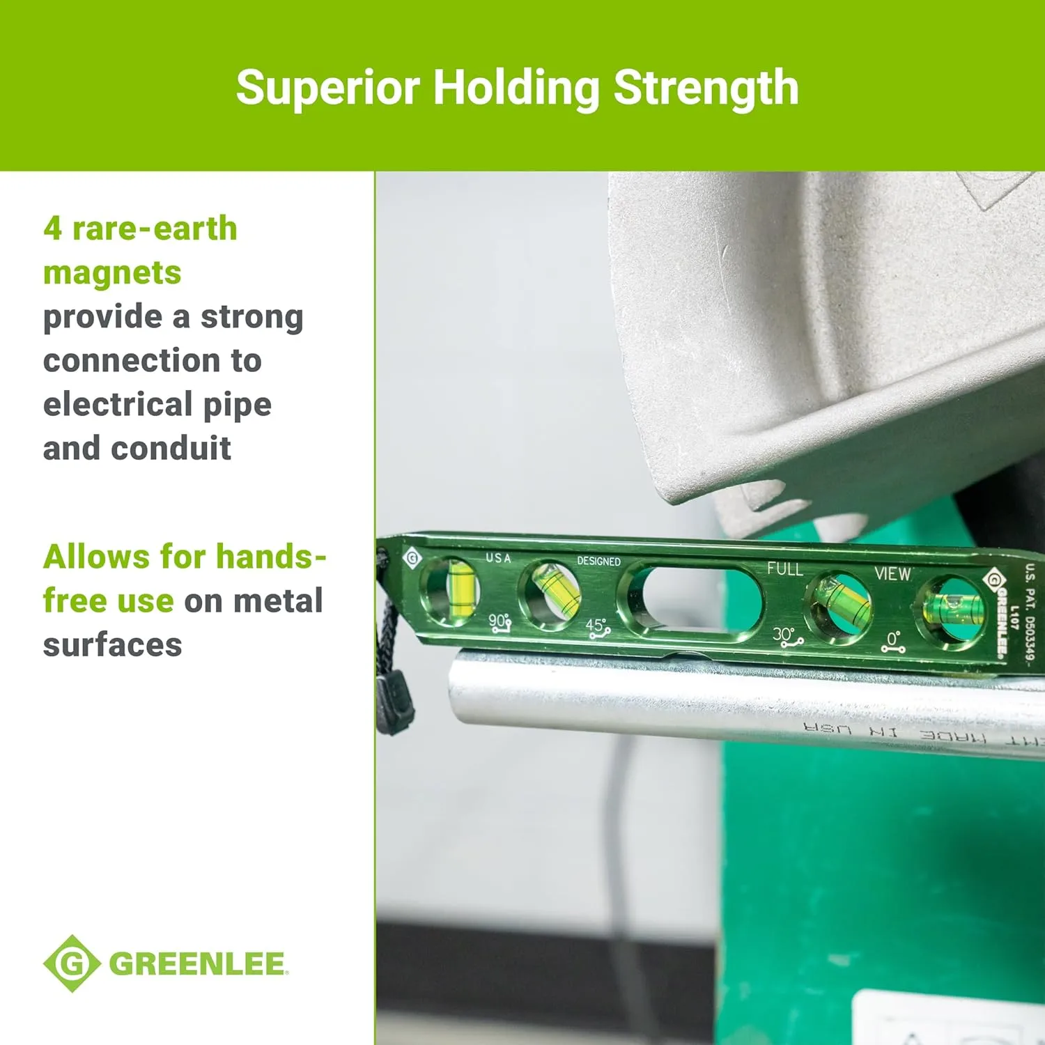 Greenlee L107 Electrician's Magnetic Torpedo Level with Conduit Bending Offset Aid, Green
