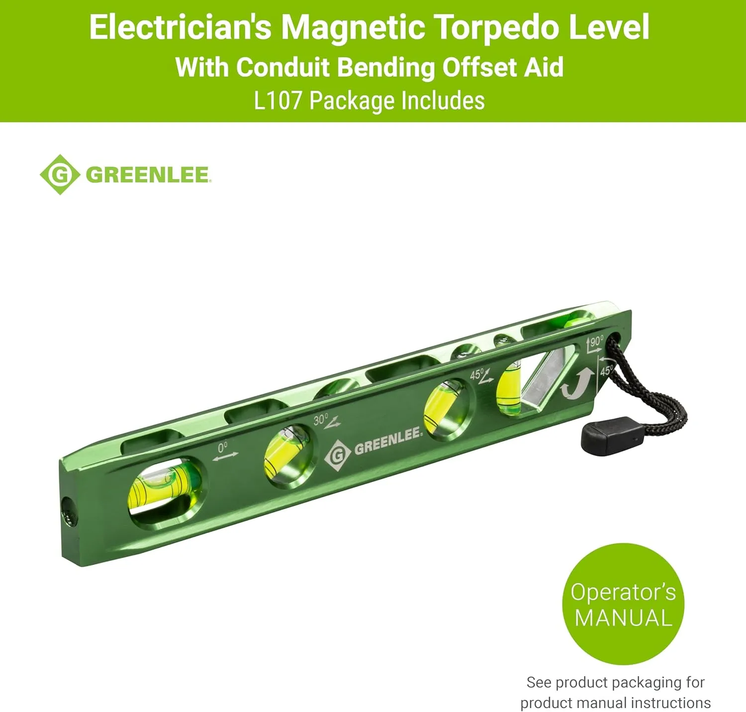 Greenlee L107 Electrician's Magnetic Torpedo Level with Conduit Bending Offset Aid, Green