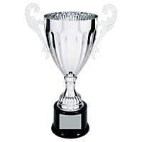 Silver Metal Winged Cup Trophy on Plastic Base
