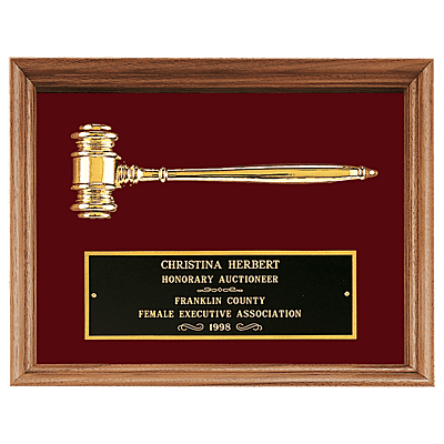 American Walnut Frame with Gold Electroplated Metal Gavel on Maroon Velour
