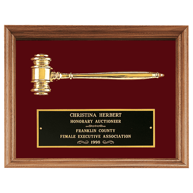American Walnut Frame with Gold Electroplated Metal Gavel on Maroon Velour