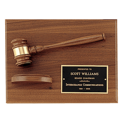 American Walnut Plaque with Walnut Gavel and  Brass Plate