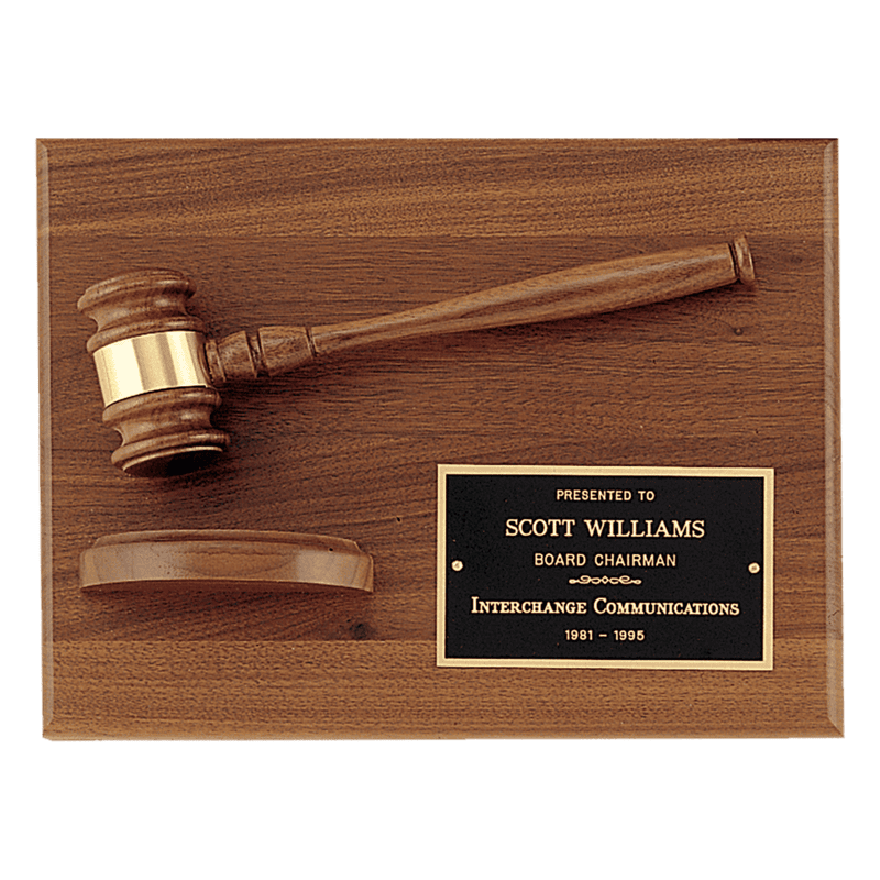 American Walnut Plaque with Walnut Gavel and  Brass Plate