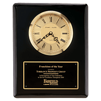 Piano Finish Clock, Waterfall Bezel w/Glass Lens, Gold Dial, Plate