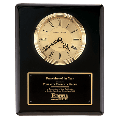 Piano Finish Clock, Waterfall Bezel w/Glass Lens, Gold Dial, Plate