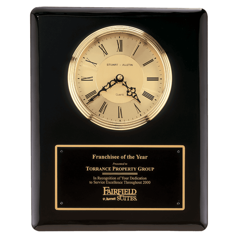 Piano Finish Clock, Waterfall Bezel w/Glass Lens, Gold Dial, Plate