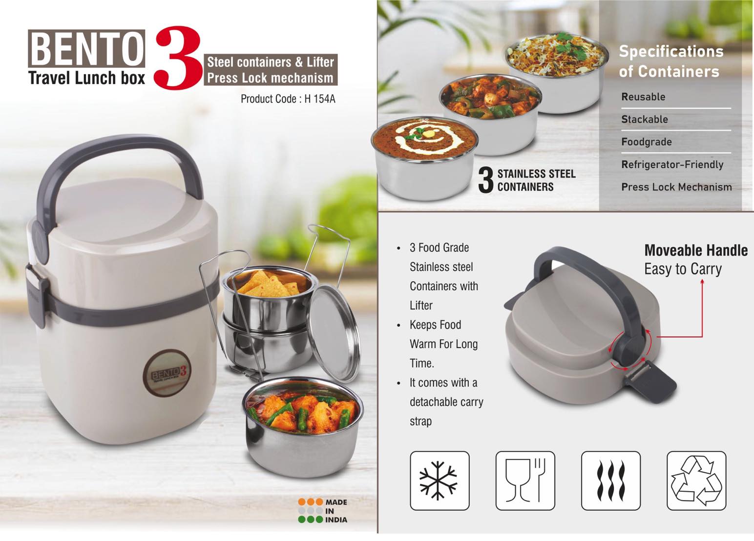 Bento Travel Lunch box with 3 Steel containers & Lifter