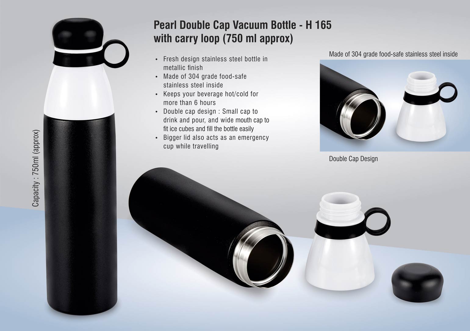 Pearl Double cap Vacuum bottle in metallic finish with carry loop
