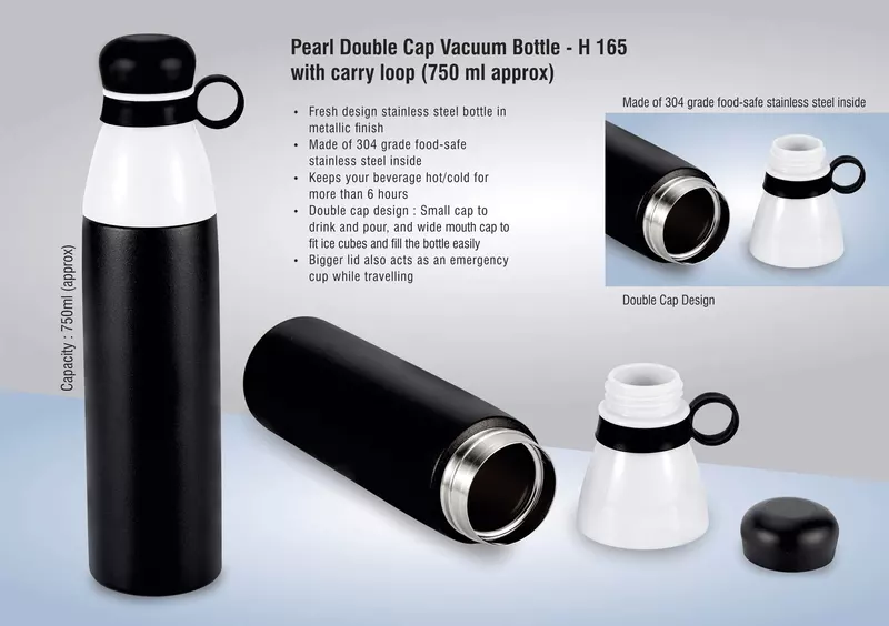 Pearl Double cap Vacuum bottle in metallic finish with carry loop