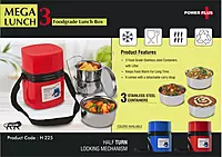 Power Plus Mega Steel Lunch Box- 3 Stainless steel containers with lifter