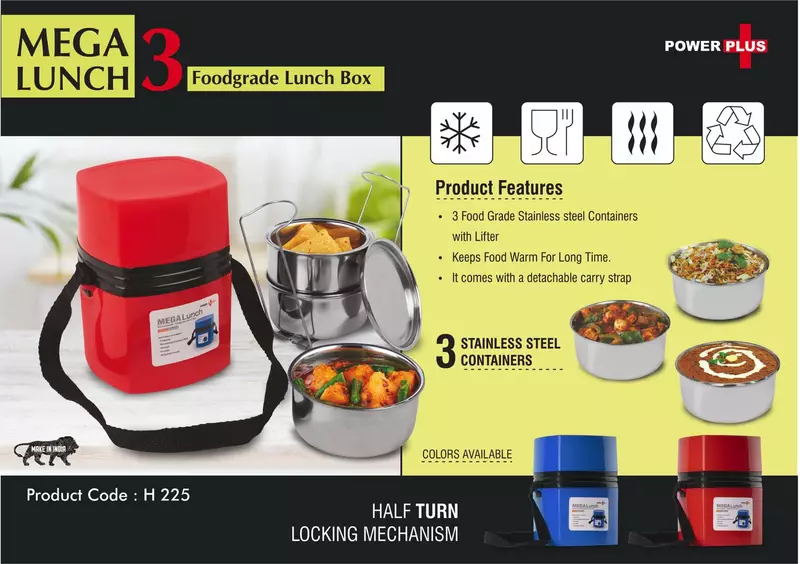 Power Plus Mega Steel Lunch Box- 3 Stainless steel containers with lifter