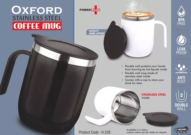 Oxford: Stainless Steel Double wall Coffee mug with Round handle