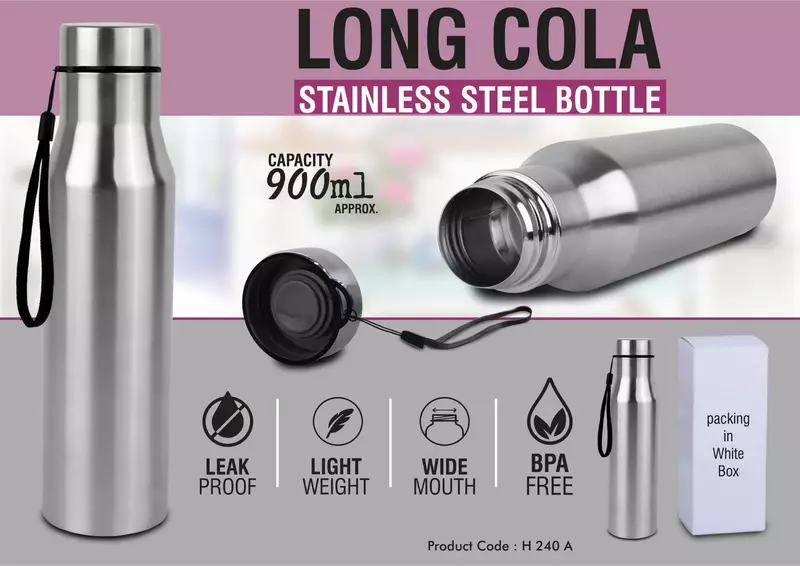 Long cola stainless steel single wall bottle with carry strap