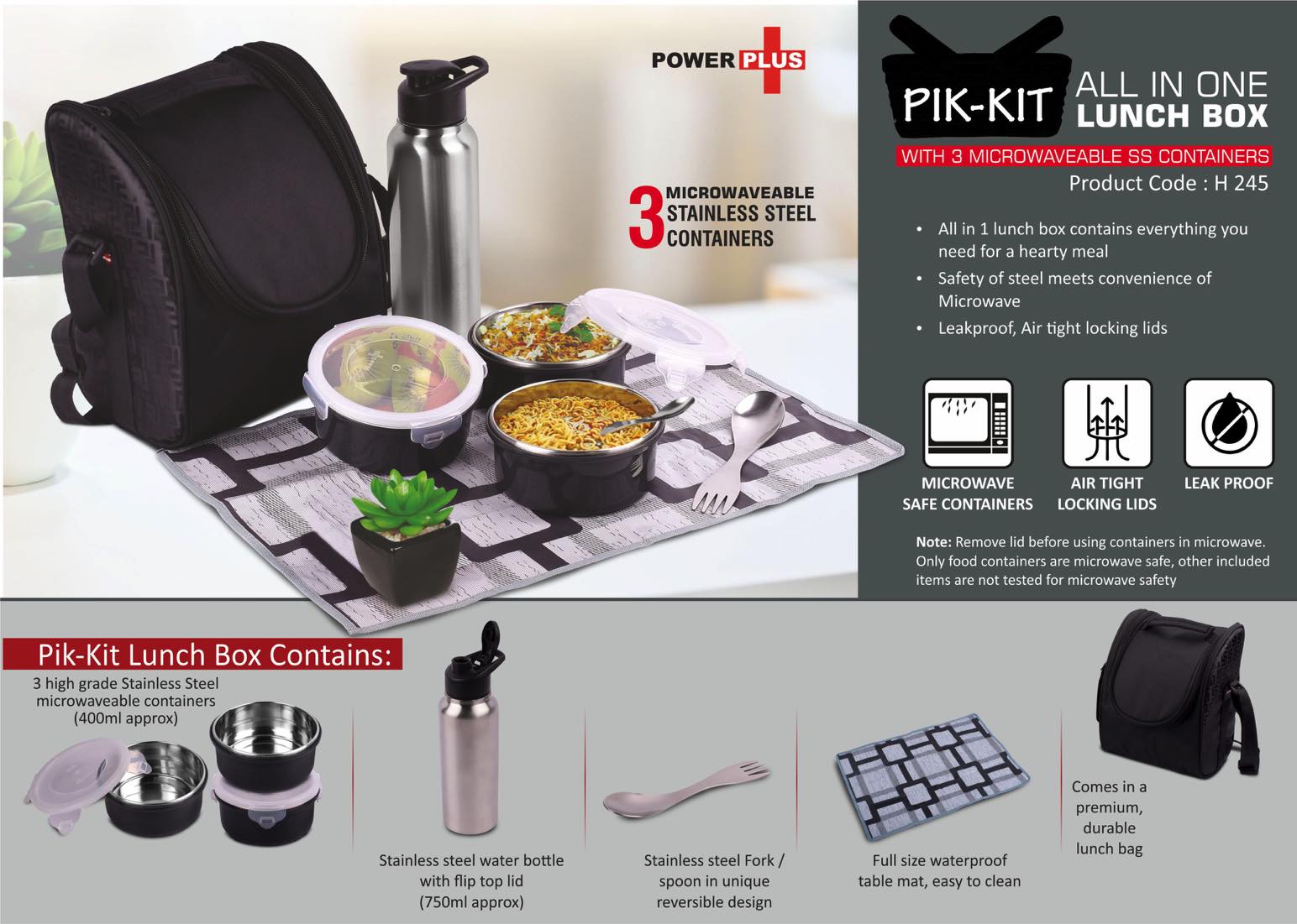 PIK-KIT: All in 1 Lunch box with 3 Microwaveable Steel containers