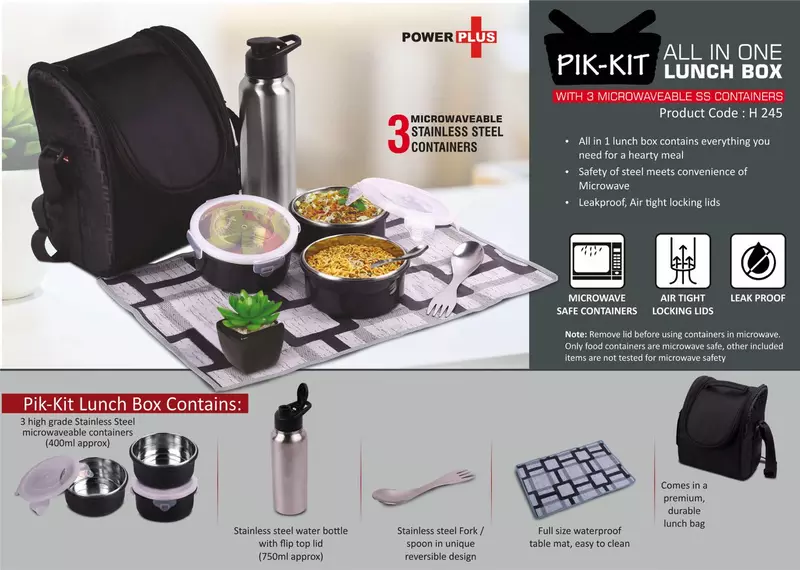 PIK-KIT: All in 1 Lunch box with 3 Microwaveable Steel containers