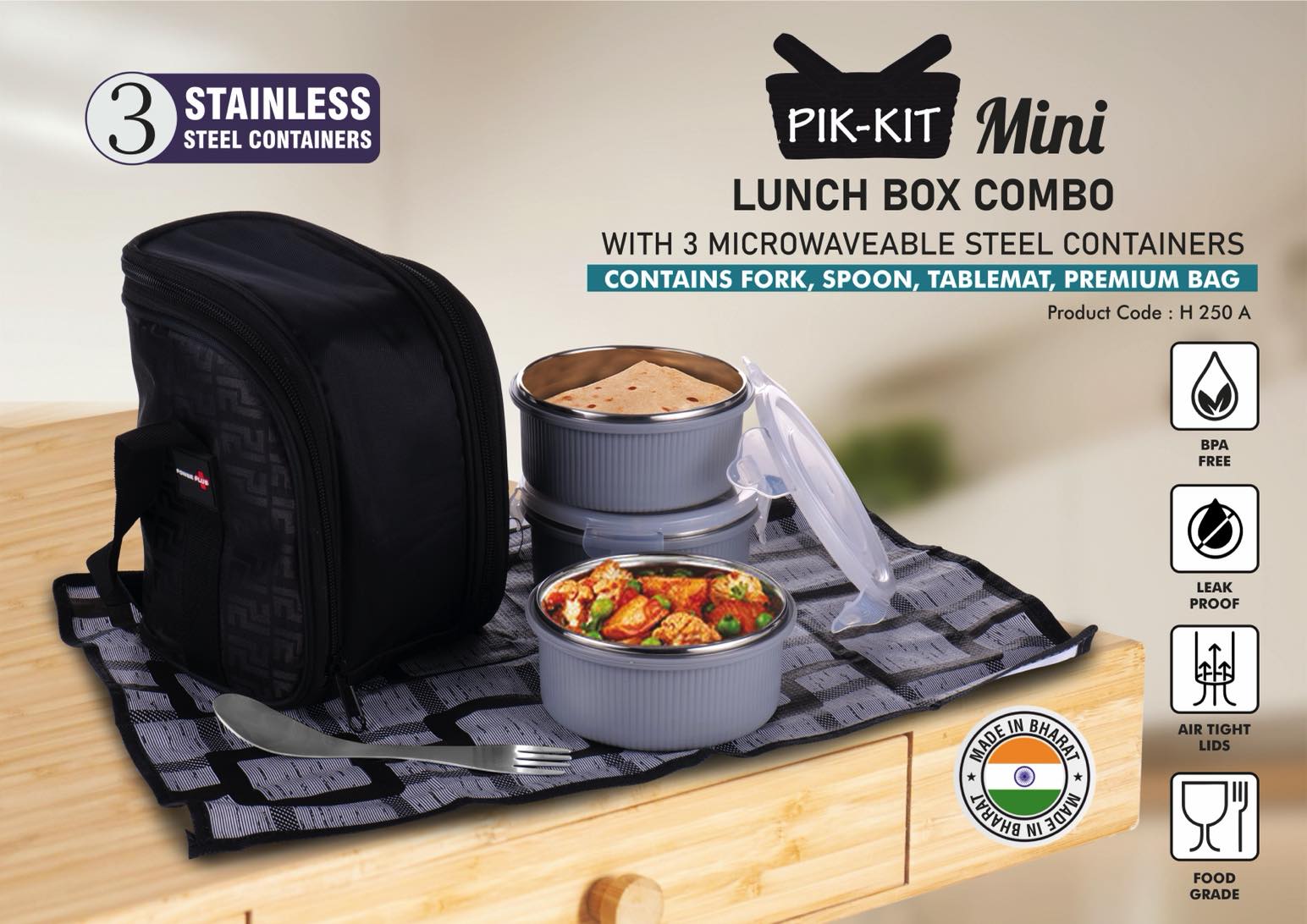 PIK-KIT mini: Lunch box combo with 3 Microwaveable Steel containers