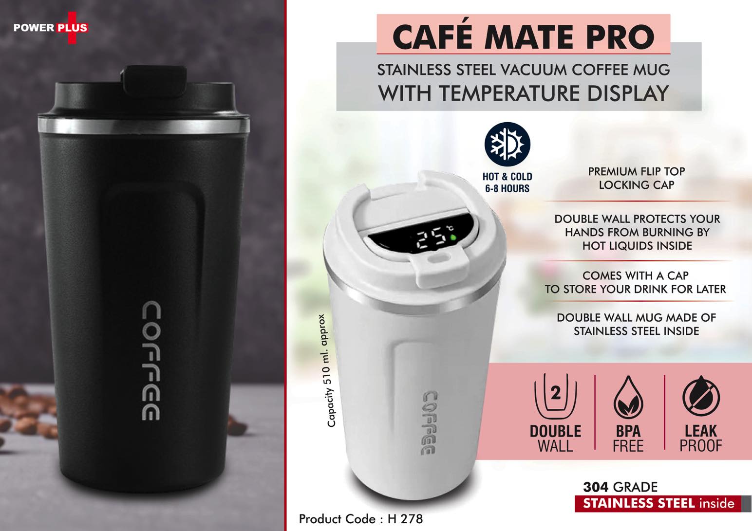 Cafe Mate Pro: Stainless Steel Vacuum coffee mug with Temperature Display |