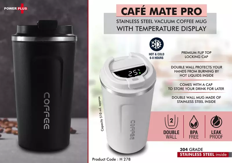 Cafe Mate Pro: Stainless Steel Vacuum coffee mug with Temperature Display |