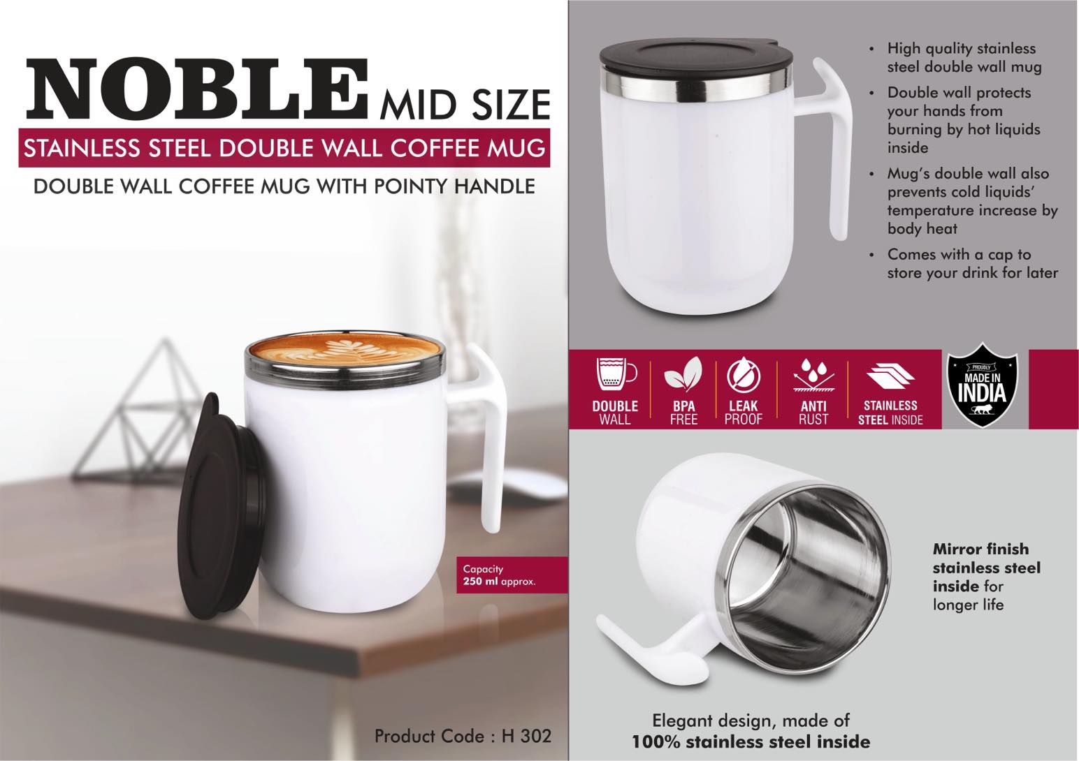 Noble: Mid Size Stainless Steel Double wall Coffee mug with Pointy handle