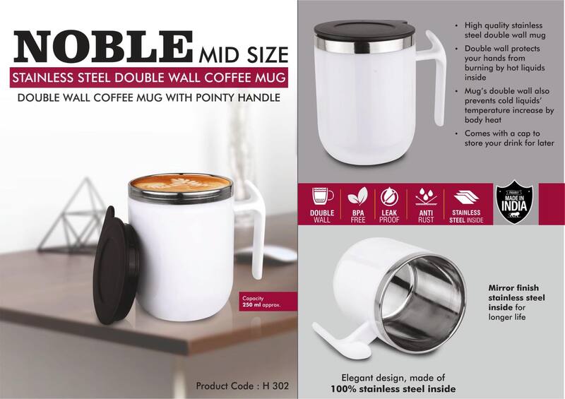 Noble: Mid Size Stainless Steel Double wall Coffee mug with Pointy handle