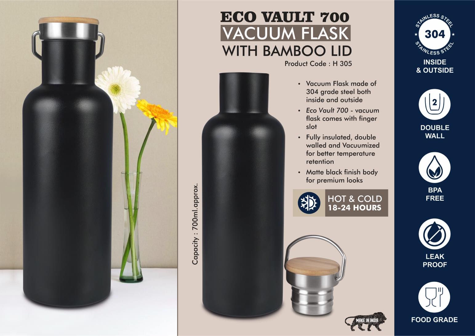 EcoVault 700: 700 ml vacuum flask with Bamboo lid