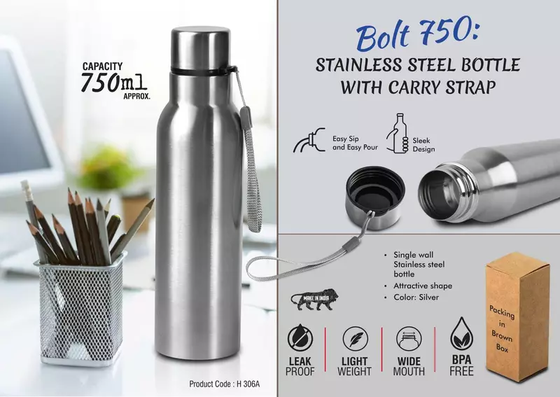 Bolt 750: Stainless steel single wall bottle