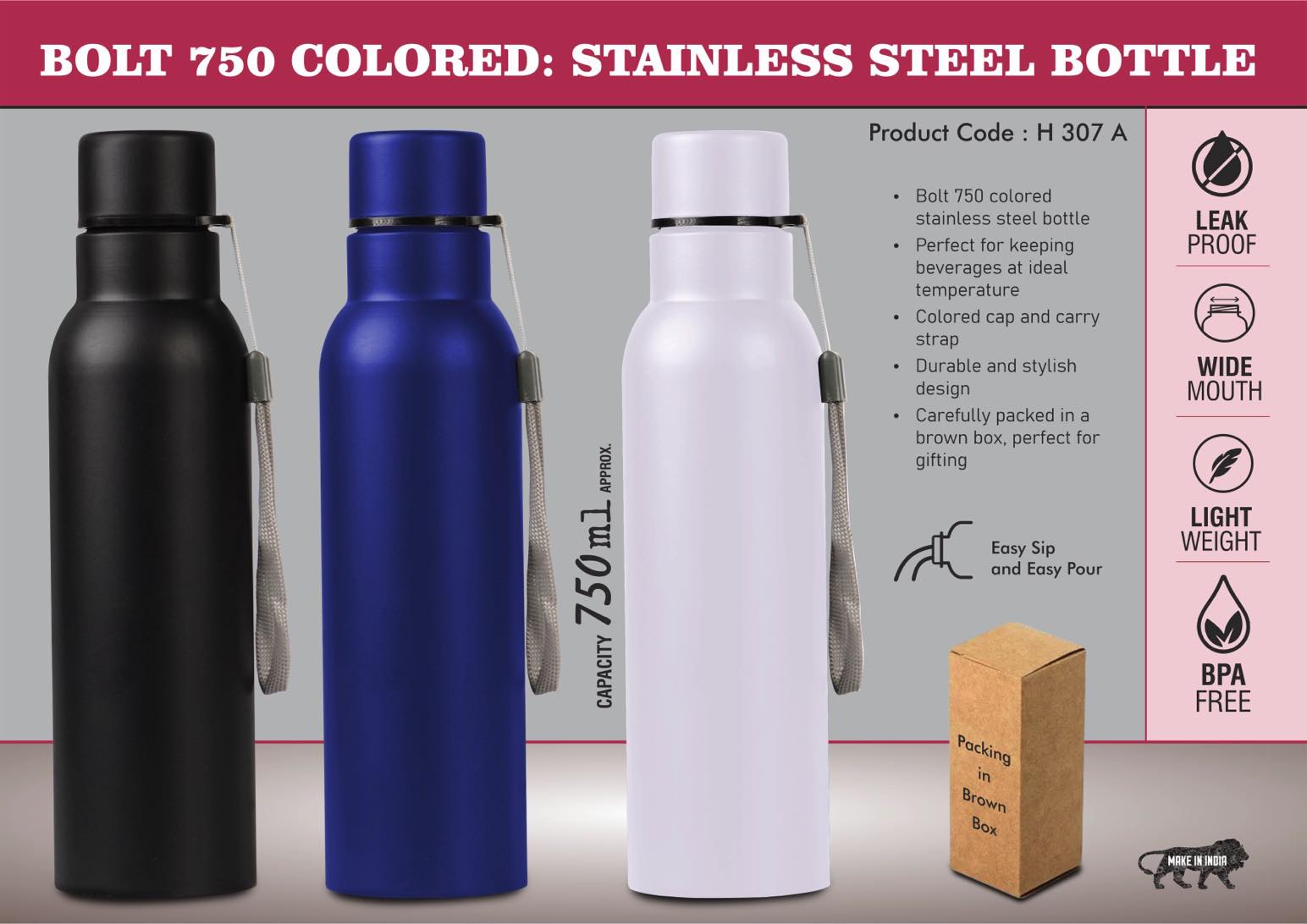 Bolt 750 Colored: Stainless steel single wall bottle