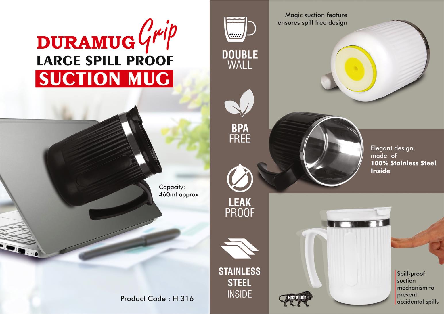 DuraMug Grip: Large Spill Proof steel Suction mug with Flip Top Lid