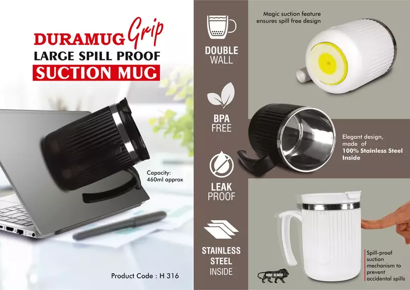 DuraMug Grip: Large Spill Proof steel Suction mug with Flip Top Lid