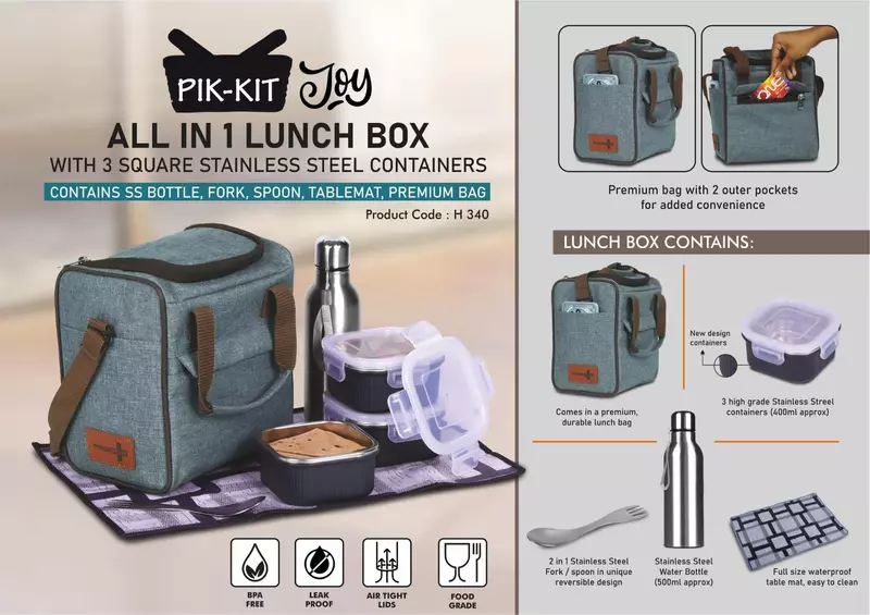 PIK-KIT Joy: All in 1 Lunch box with 3 Square Stainless Steel containers with striped design
