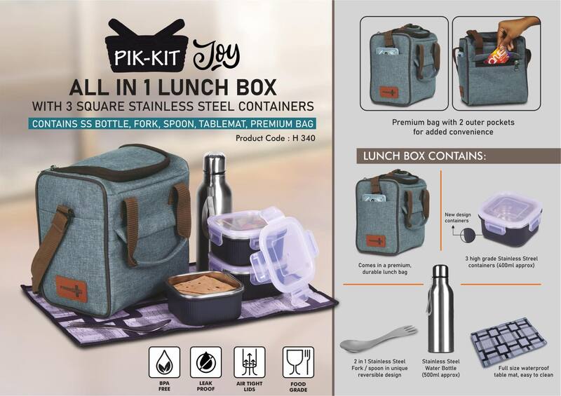 PIK-KIT Joy: All in 1 Lunch box with 3 Square Stainless Steel containers with striped design