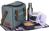 PIK-KIT Joy: All in 1 Lunch box with 3 Square Stainless Steel containers with striped design