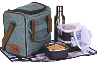 PIK-KIT Joy: All in 1 Lunch box with 3 Square Stainless Steel containers with striped design