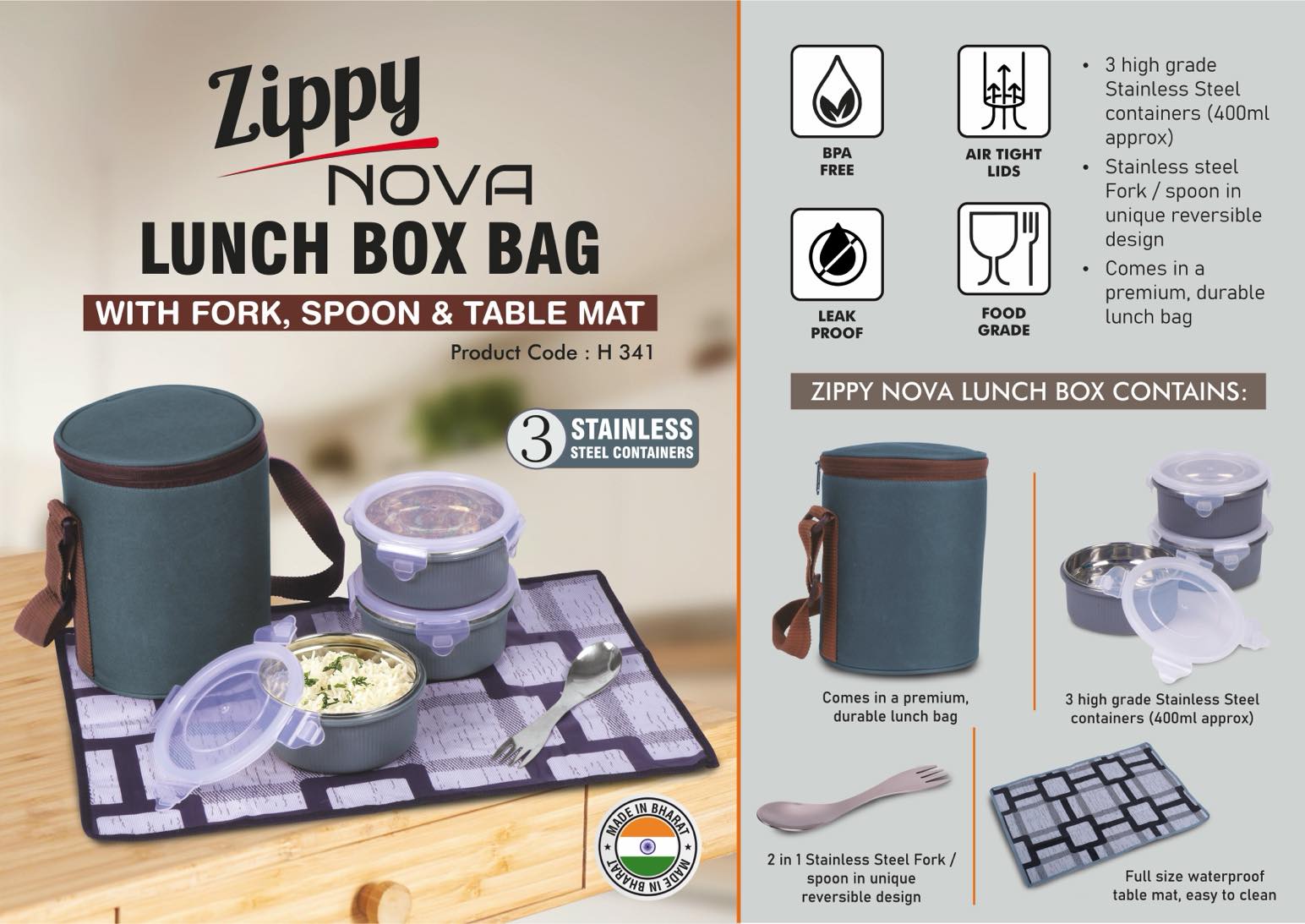 Zippy Nova: Lunch box bag with 3 Stainless steel containers,
