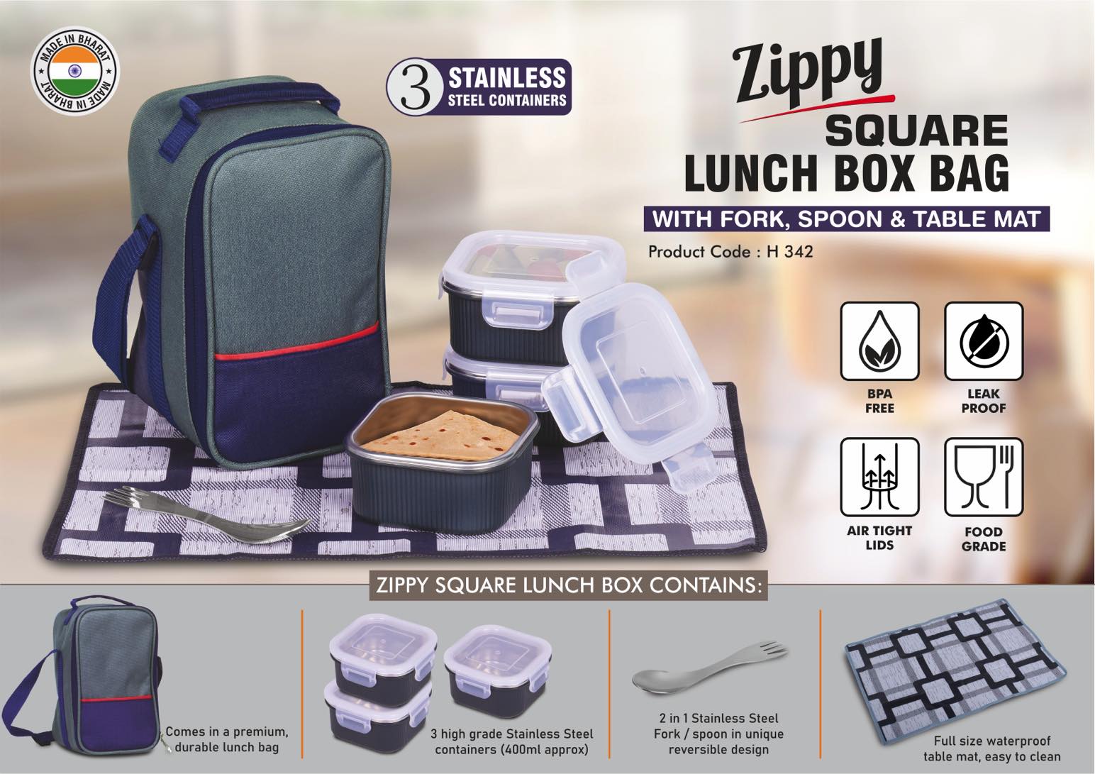Zippy Square: Lunch box bag with 3 Square Stainless steel containers with striped