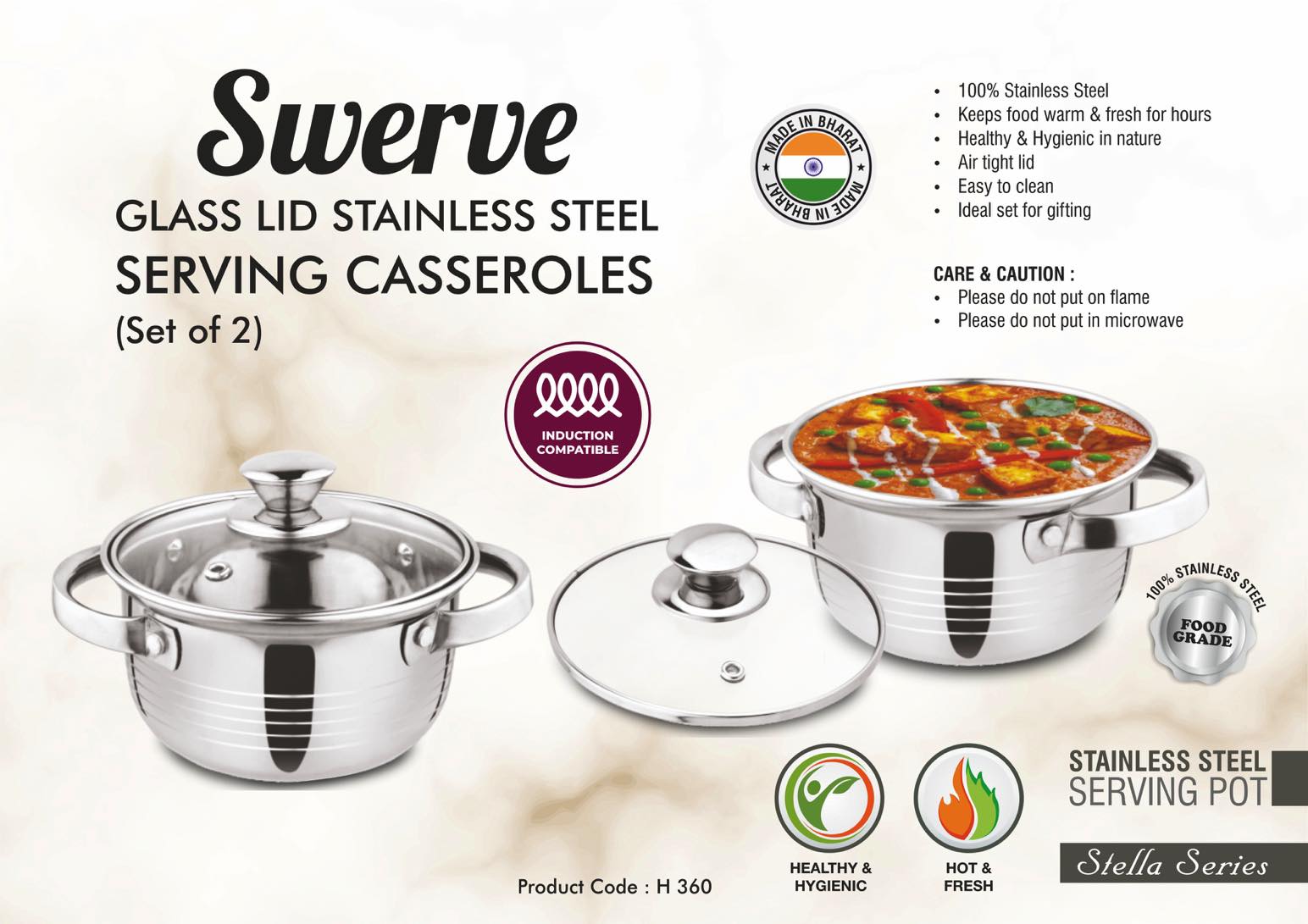 Swerve: Glass lid Stainless Steel Serving Casseroles
