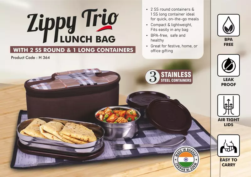 Zippy Trio: Lunch bag with 2 SS round containers, 1 SS long container, Spoon, Fork and Tablemat