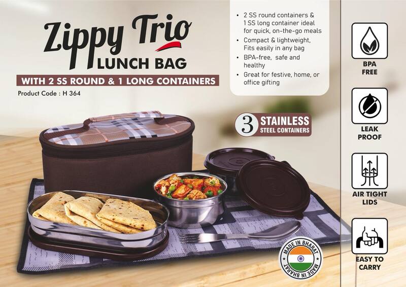 Zippy Trio: Lunch bag with 2 SS round containers, 1 SS long container, Spoon, Fork and Tablemat