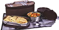 Zippy Trio: Lunch bag with 2 SS round containers, 1 SS long container, Spoon, Fork and Tablemat
