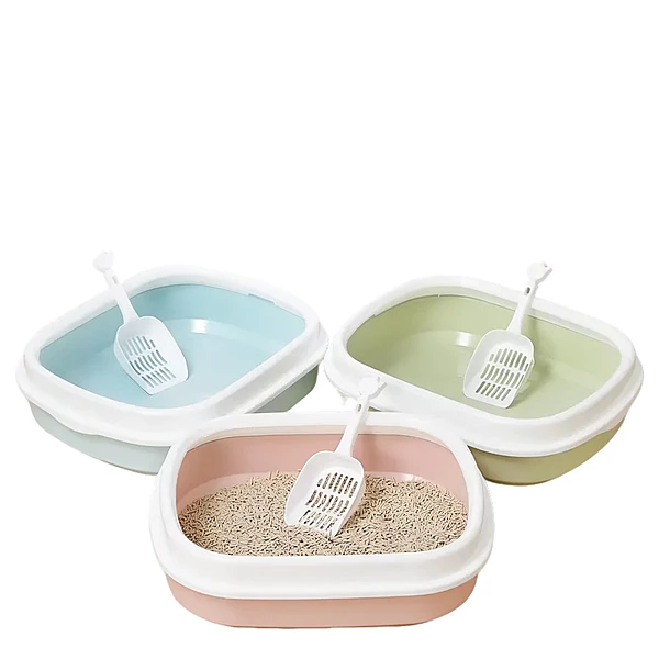 Open Cat Litter Tray with High Rim & Scoop