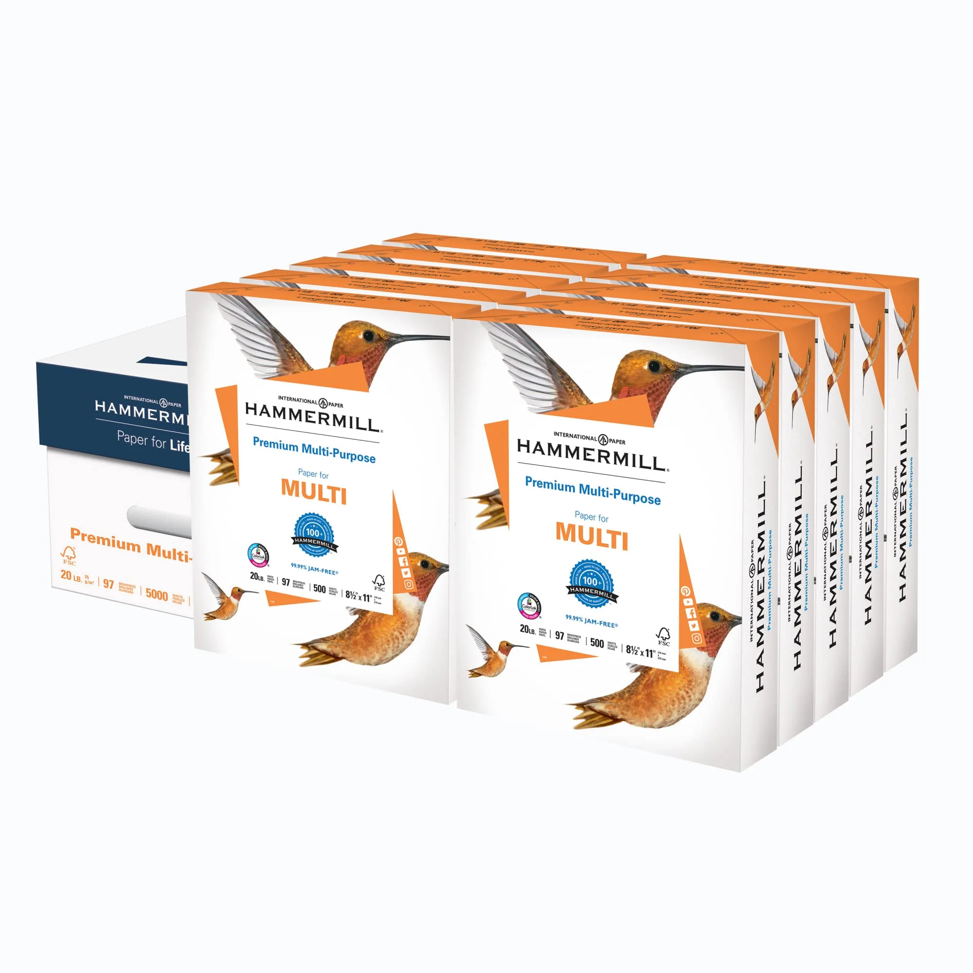 Hammermill Premium Multipurpose Printer Paper, 20 lb, 8.5 x 11, 10 Ream (5,000 Sheets), 97 Bright