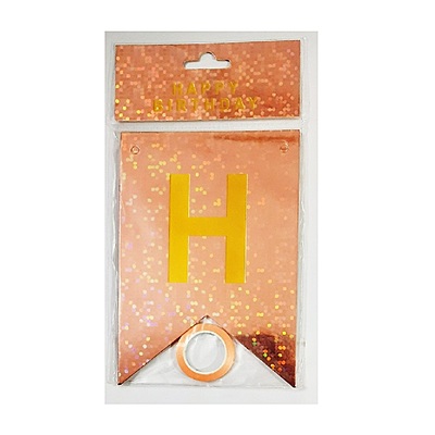 Premium Rose Gold Holographic Happy Birthday Banner – Gold Letter Pennant Style