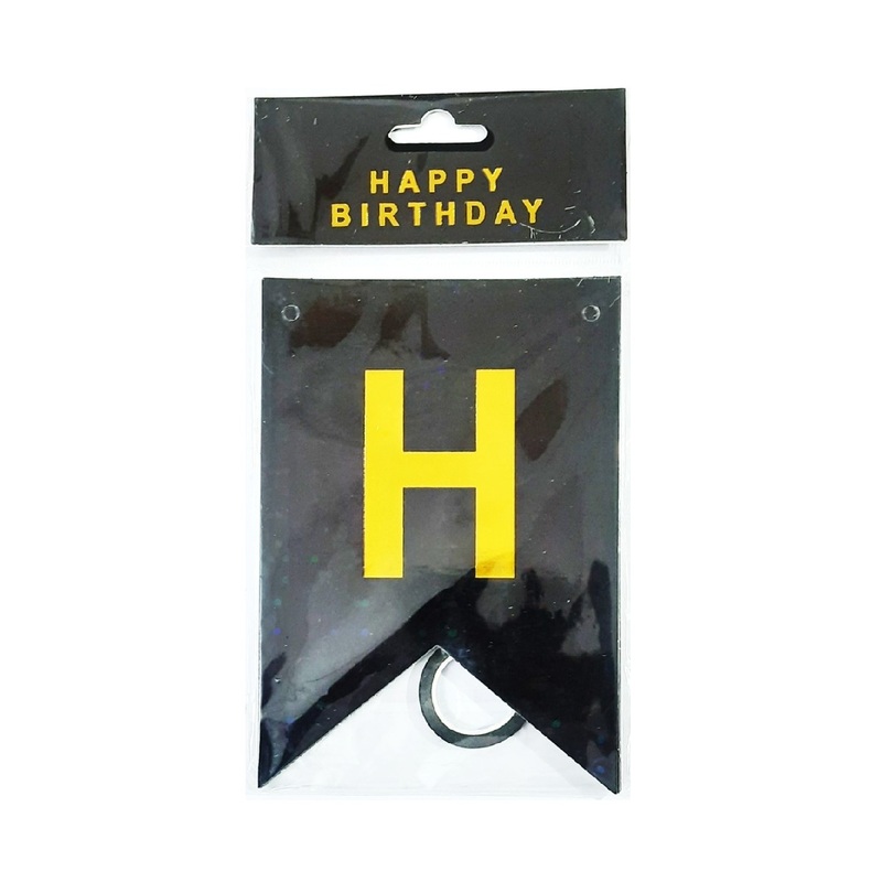 Premium Black Holographic Happy Birthday Banner – Gold Letter Pennant Style