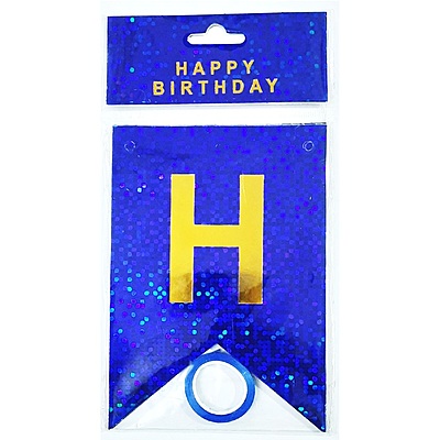 Premium Blue Holographic Happy Birthday Banner – Gold Letter Pennant Style