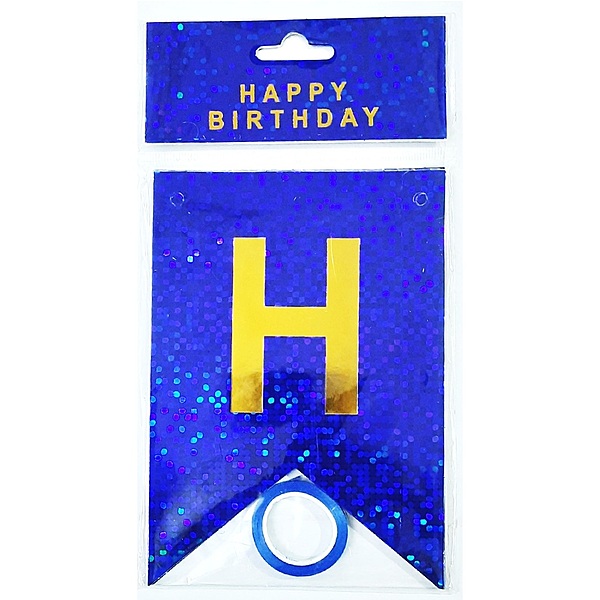 Premium Blue Holographic Happy Birthday Banner – Gold Letter Pennant Style